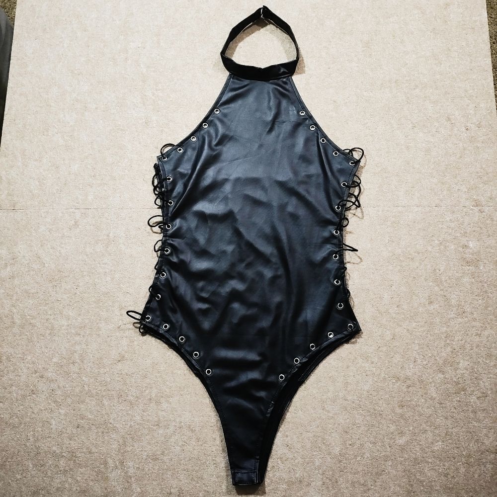 Black Wet Look Halter Lace-Up Bodysuit #9 - Picture 4 of 7